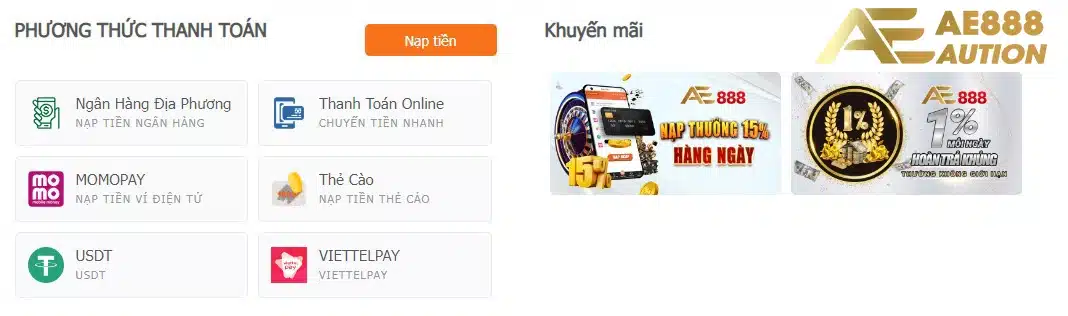 Các phương thức nạp tiền trong AE888