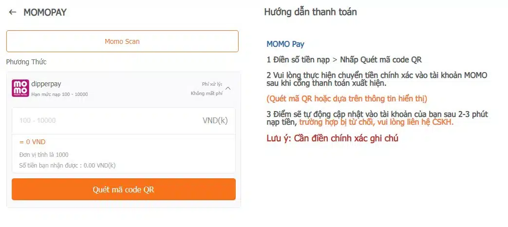 Nạp tiền qua hình thức momo